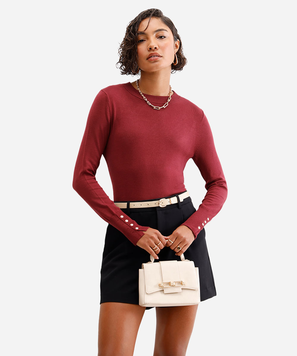 suéter feminino de tricot gola careca vinho