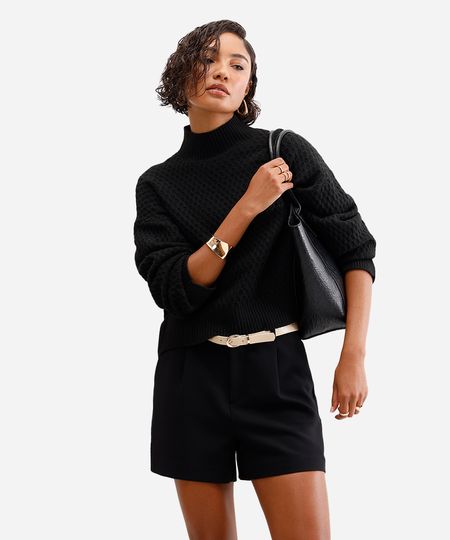 suéter feminino de tricot gola alta texturizado preto M suéter feminino de tricot gola alta texturizado preto M