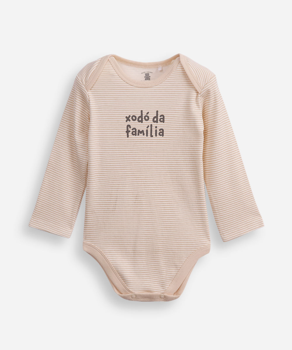 body infantil de algodão xodó da família listrado bege