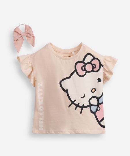 camiseta de algodão infantil hello kitty com lacinho para cabelo bege 1 camiseta de algodão infantil hello kitty com lacinho para cabelo bege 1