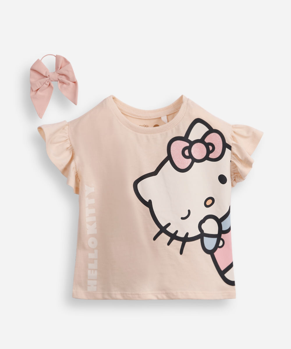 camiseta de algodão infantil hello kitty com lacinho para cabelo bege