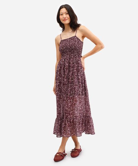 vestido midi feminino alça fina floral marrom PP