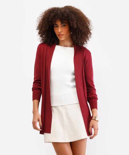 cardigan feminino de tricot manga longa vinho G