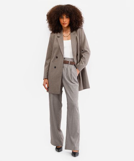 calça wide leg feminina xadrez com cinto marrom 40