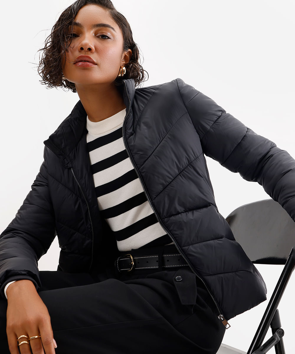 jaqueta puffer feminina manga longa preto