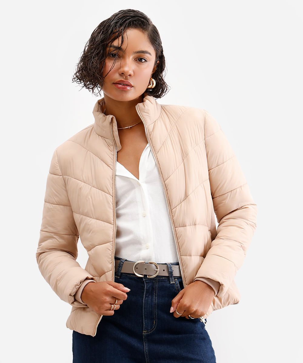 jaqueta puffer feminina manga longa bege
