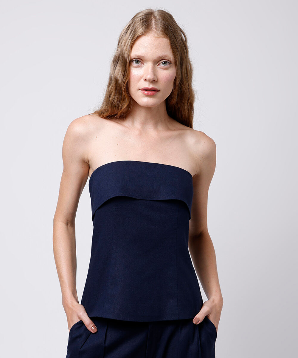 blusa sem alça com linho mindset azul