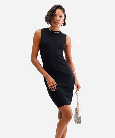 vestido curto de tricot canelado preto PP
