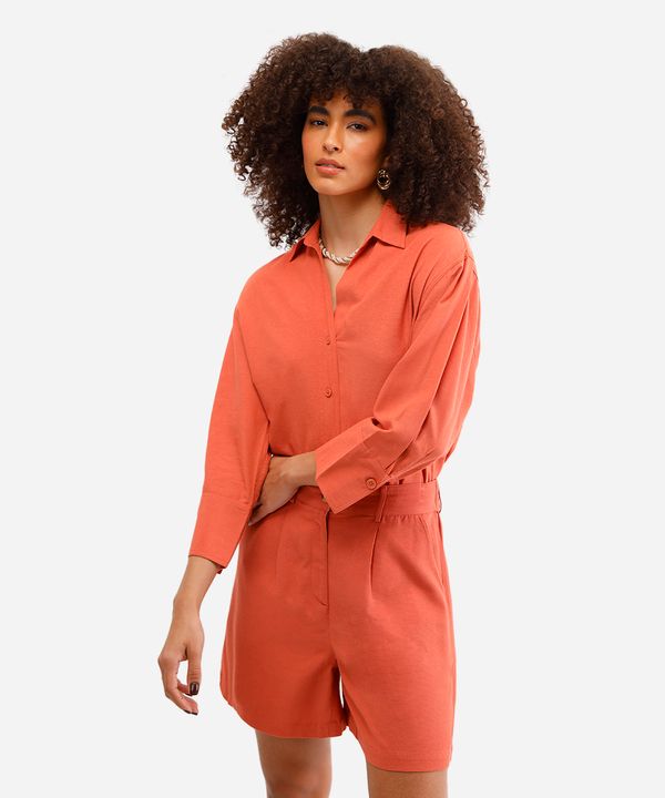 camisa de viscose com linho manga longa laranja M