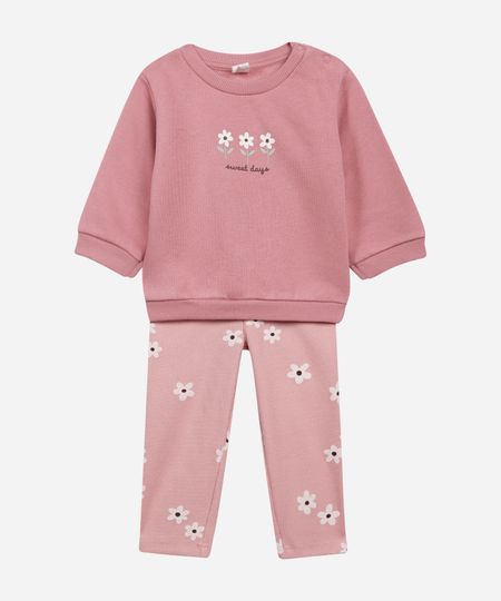 conjunto infantil longo de moletom floral rosa 6-9