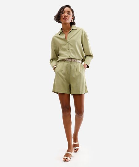 short feminino com linho cós elástico verde 42