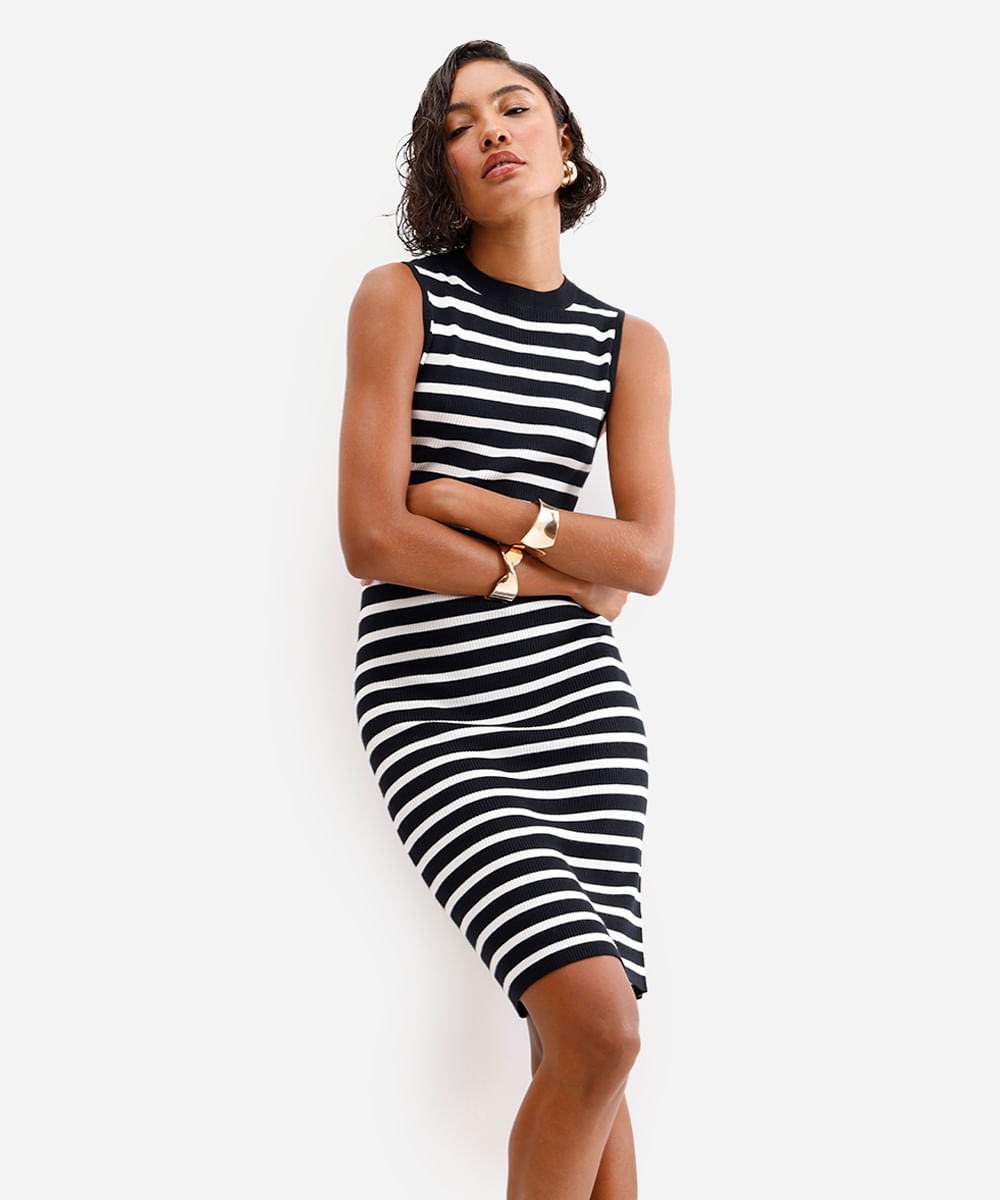 vestido curto feminino de tricot canelado listrado off white