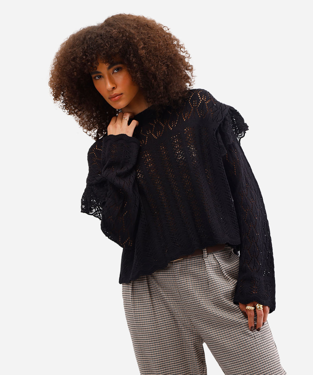 suéter feminino de tricot com babados preto