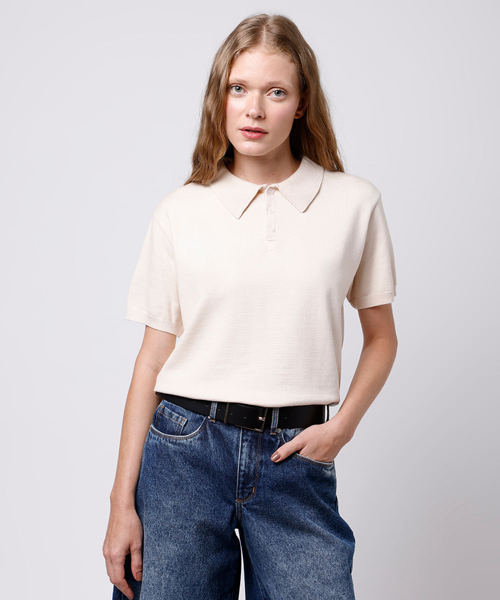 polo feminina de tricot mindset bege