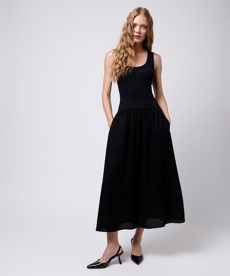 vestido midi com linho mindset preto P