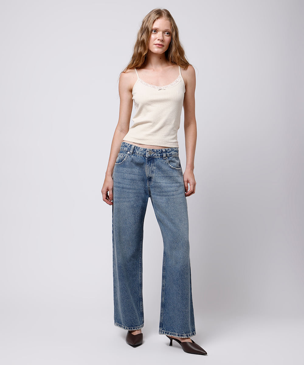 calça reta feminina jeans cintura baixa mindset azul
