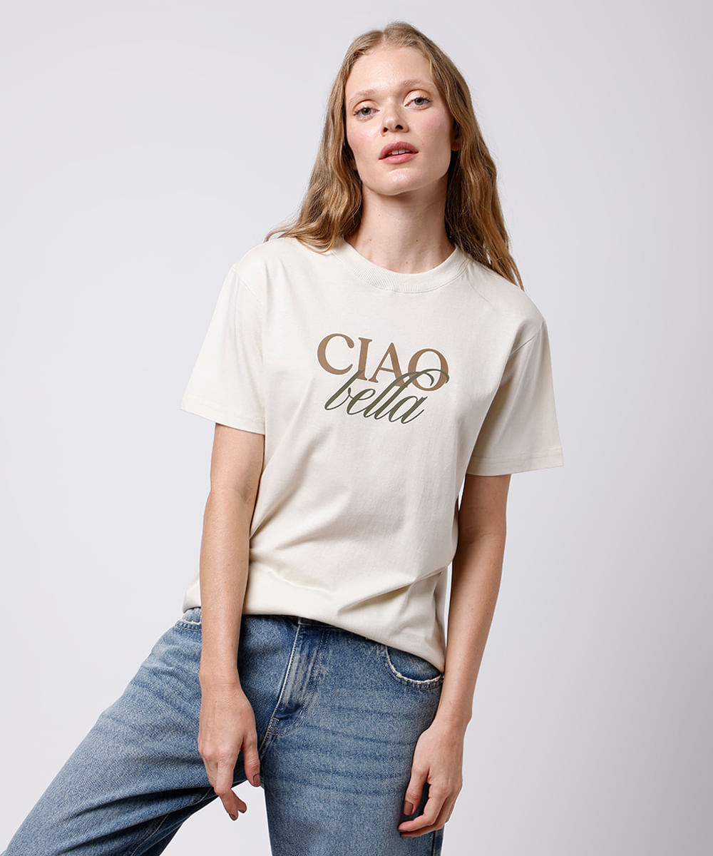 camiseta feminina de algodão ciao bella mindset bege