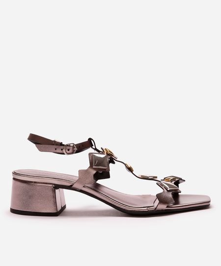 sandália feminina com tachas salto grosso oneself prateado 35 sandália feminina com tachas salto grosso oneself prateado 35