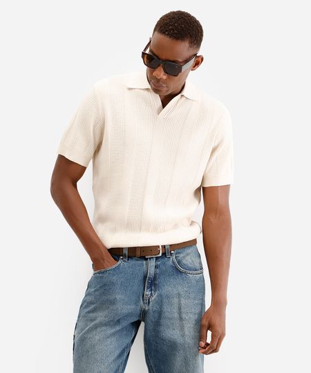 polo masculina de tricot texturizada bege P polo masculina de tricot texturizada bege P