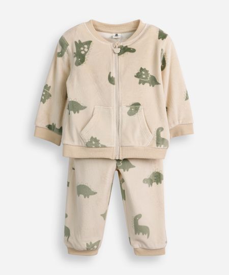 conjunto infantil longo de pelúcia dinossauro bege 6-9
