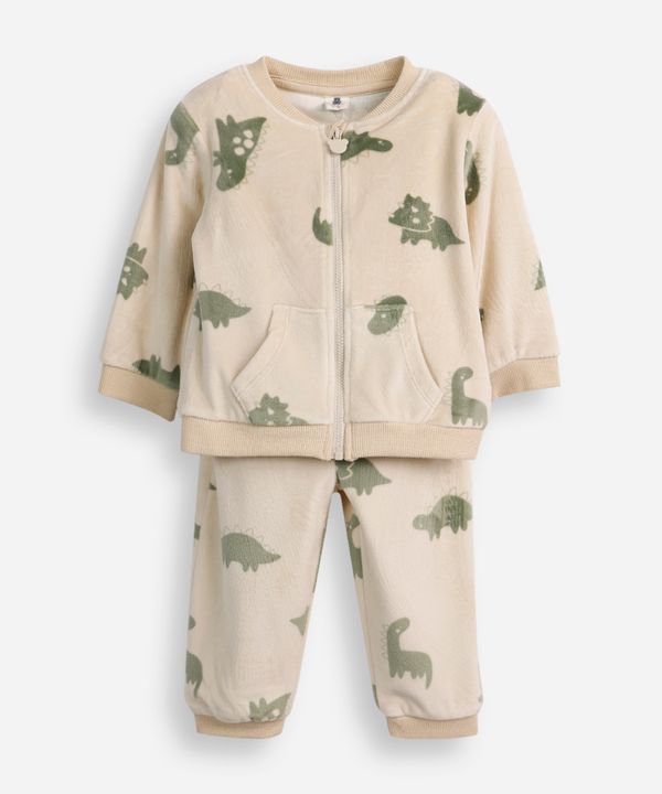 conjunto infantil longo de pelúcia dinossauro bege 0-3
