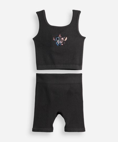 conjunto infantil curto canelado stitch e angel cinza 12
