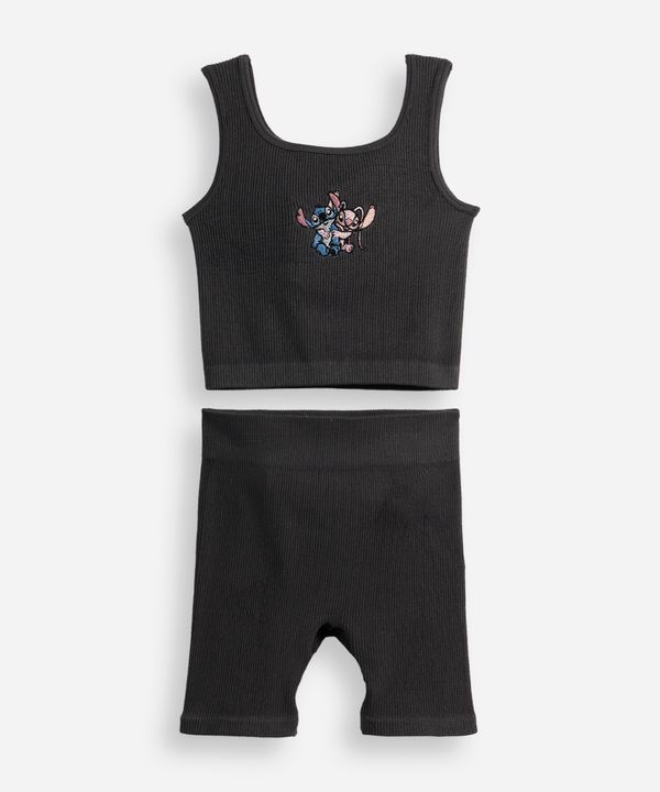 conjunto infantil curto canelado stitch e angel cinza 8