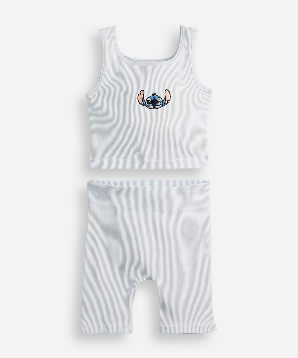 conjunto infantil curto canelado stitch azul