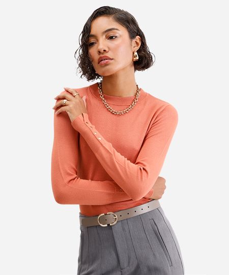 suéter feminino de tricot gola careca laranja M
