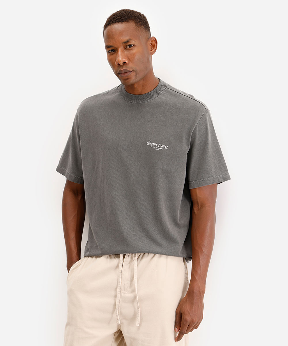 camiseta masculina de algodão estampada cinza