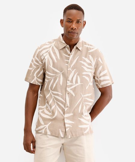 camisa masculina de linho manga curta folhagem bege P camisa masculina de linho manga curta folhagem bege P