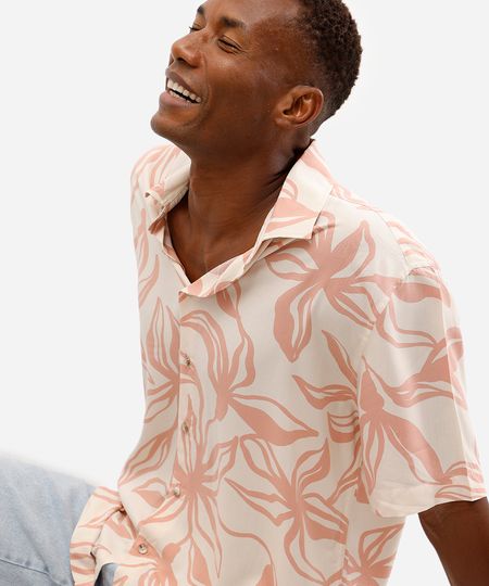 camisa masculina de viscose manga curta floral rosa G