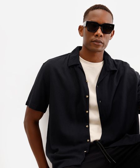 camisa masculina de linho manga curta preta GG