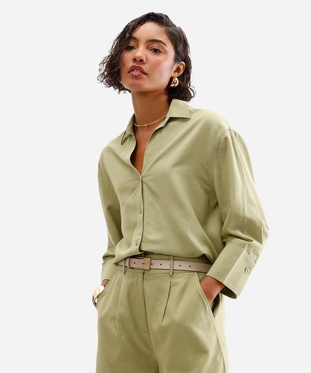 camisa de viscose com linho manga longa verde PP