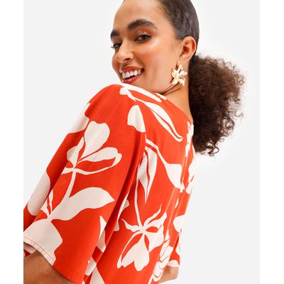 blusa feminina de viscose floral manga curta laranja