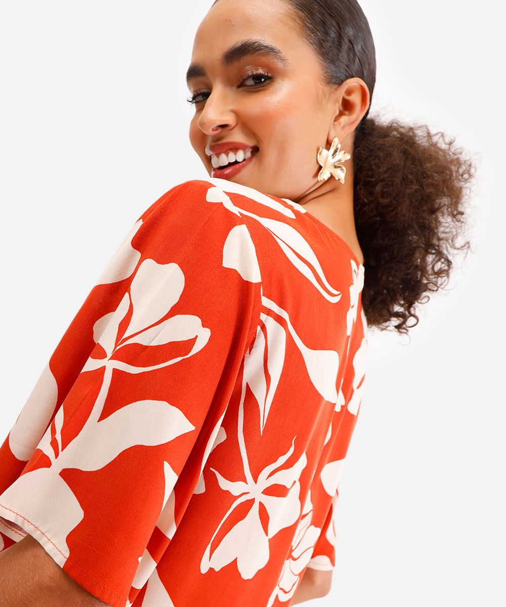 blusa feminina de viscose floral manga curta laranja