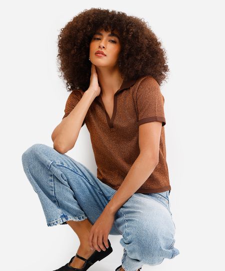 polo feminina de tricot com lurex marrom M