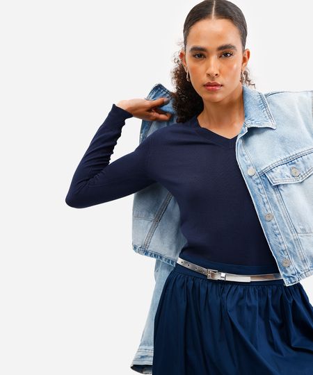 suéter básico feminino de tricot gola v azul PP