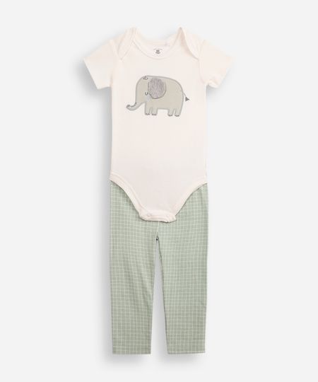 conjunto de algodão infantil elefante xadrez verde 6-9