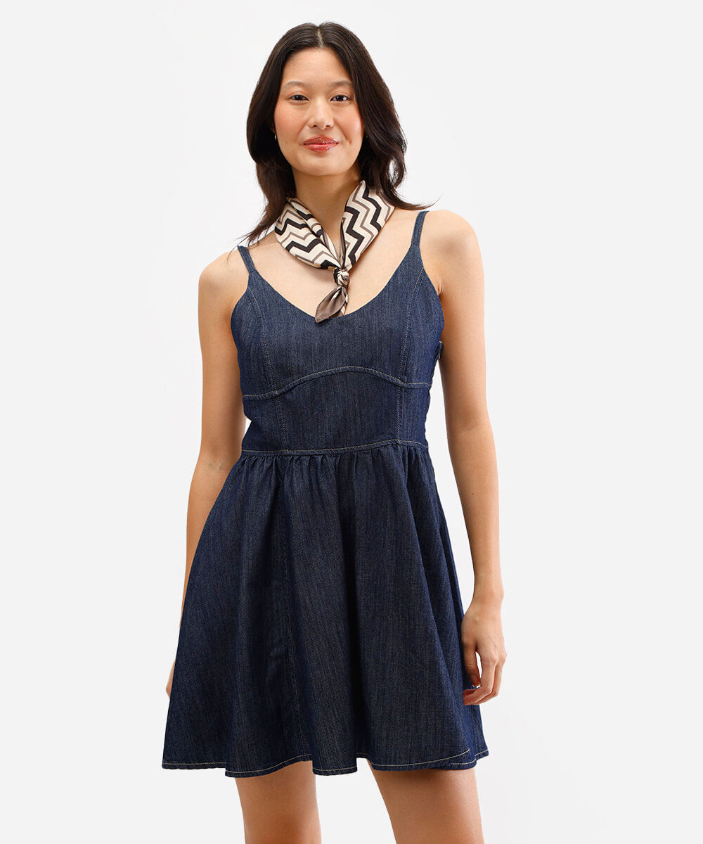 vestido curto feminino godê jeans azul