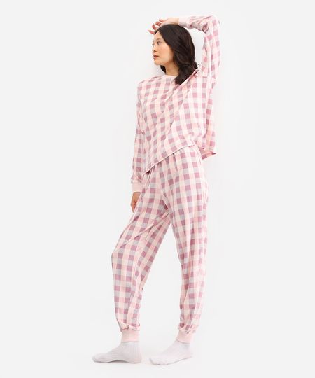 pijama longo feminino de plush xadrez rosa PP
