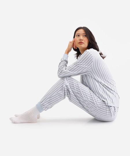 pijama longo feminino de plush listrado azul G