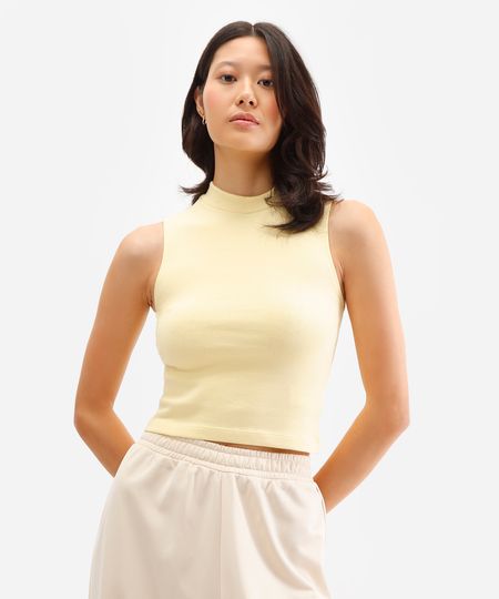 regata feminina de algodão básica gola alta amarela PP regata feminina de algodão básica gola alta amarela PP