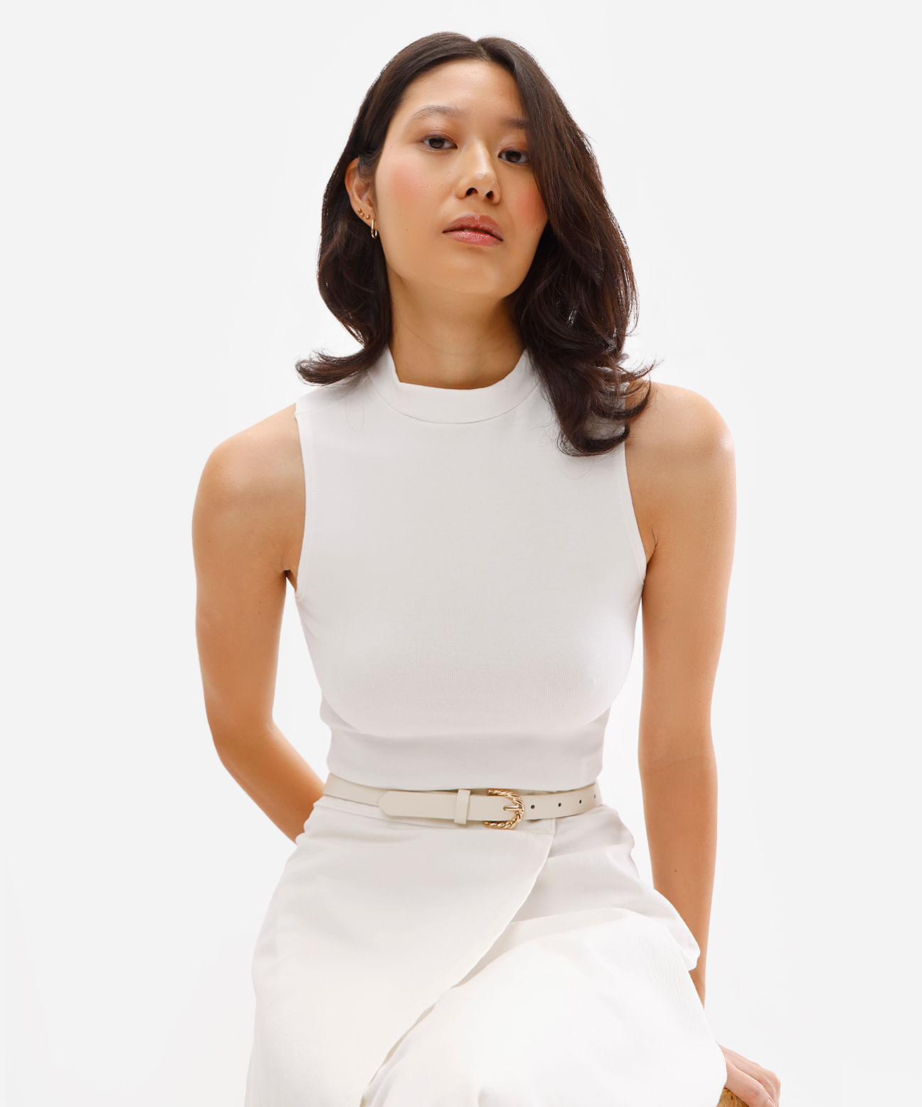 regata feminina de algodão básica gola alta branca