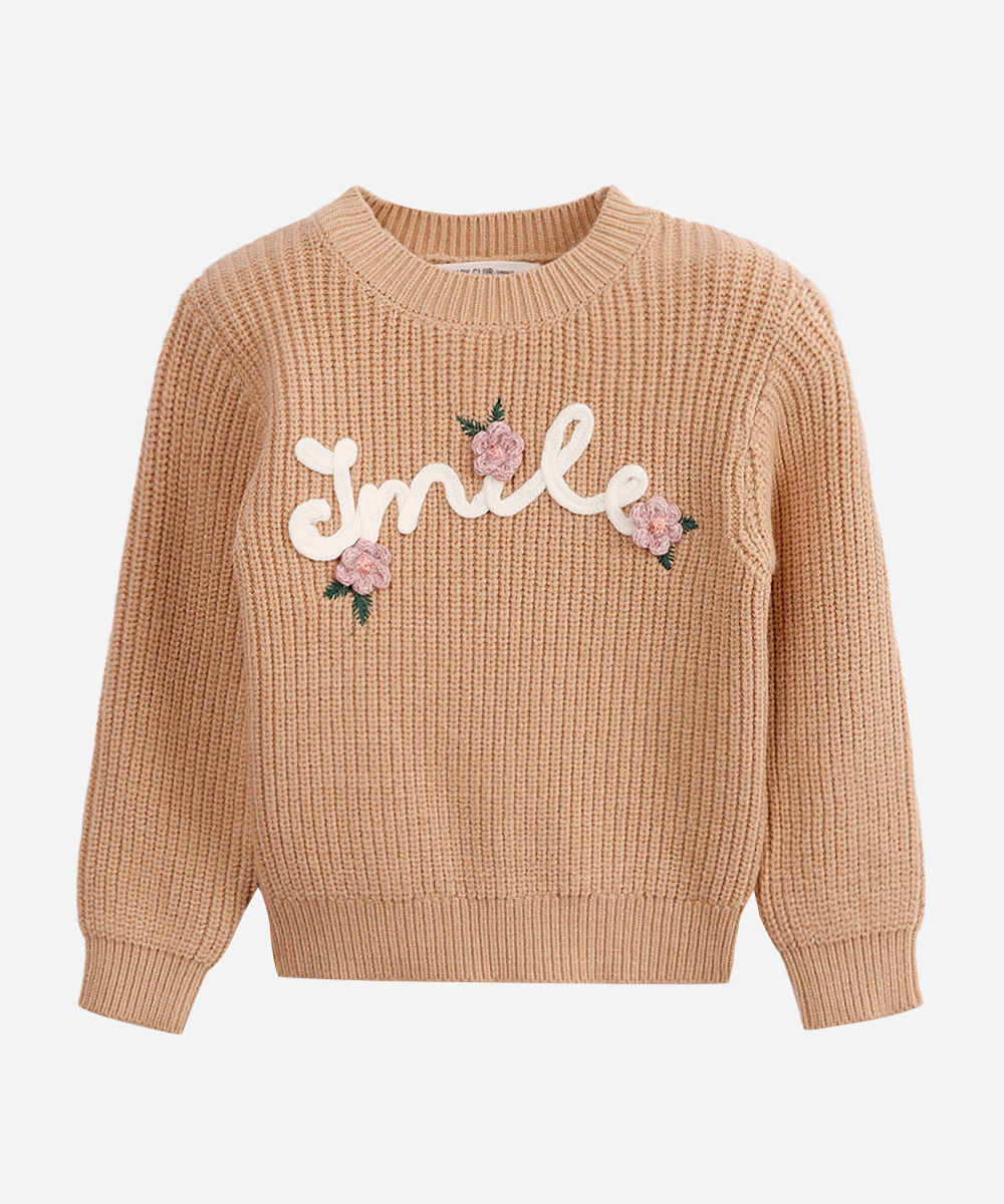 suéter infantil de tricot smile floral bege