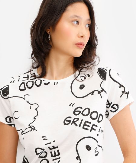 camiseta feminina de algodão good grief snoopy off white P