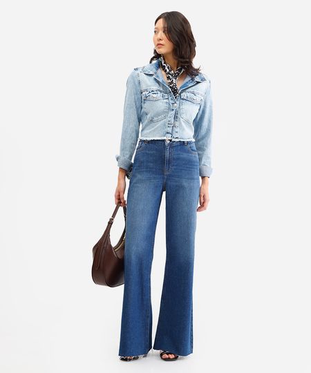 calça wide leg feminina jeans com barra a fio azul 40