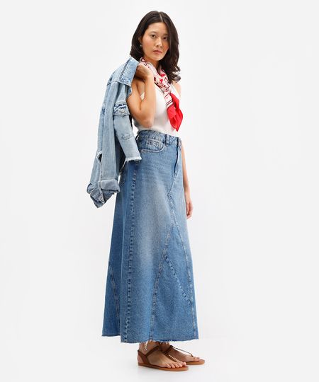 saia longa feminina jeans com fenda azul 34 saia longa feminina jeans com fenda azul 34