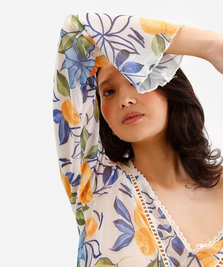 bata feminina de tule manga longa folhagens laranja P bata feminina de tule manga longa folhagens laranja P