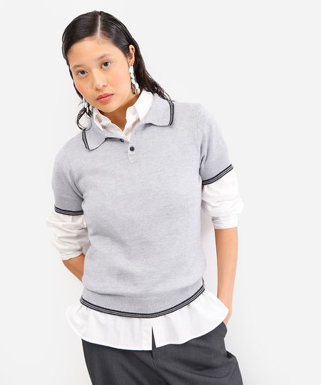 polo feminina de tricot manga curta cinza M
